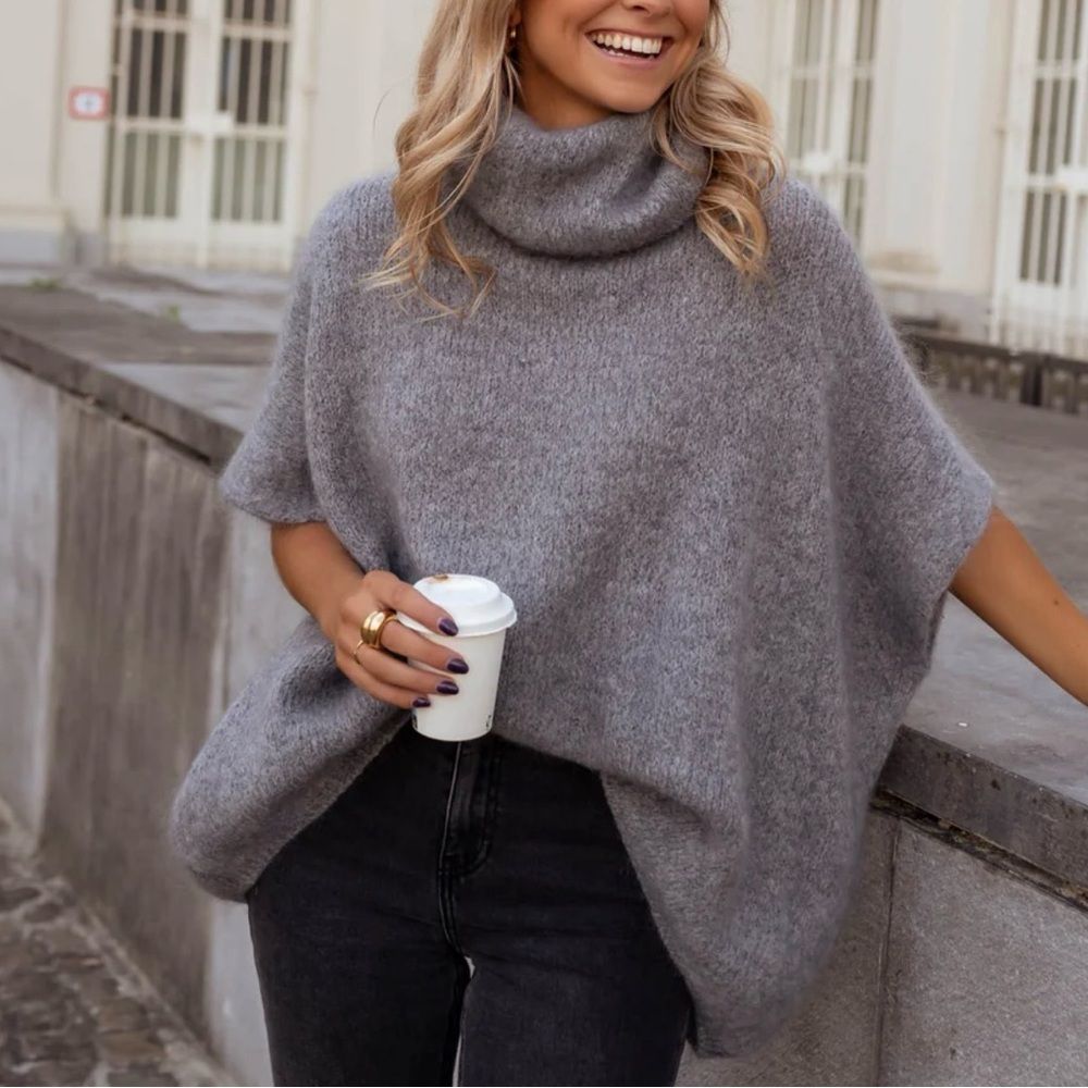 Easy Clothes Boutique Herman Cape Sweater - Gray Turtleneck Pullover - Os